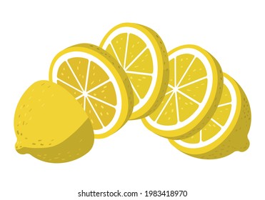 Vector illustration of Lemon Slices.  Bright fruit, half, slices. Food for a healthy diet, dessert, sweet lemonade products. Elements for spring and summer design