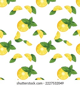 Vector illustration of lemon slices and mint leaves. seamless fruit pattern of juicy lemon and mint on a white background. For printing on textiles