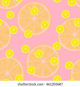 Vector illustration of lemon slices in same sizes on pink. Pattern.