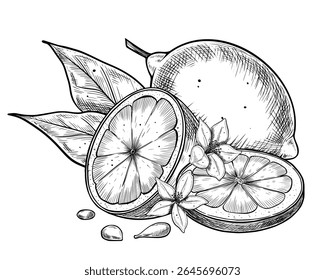Vector illustration of Lemon with slices, whole fruit, flowers, and seeds. Vintage botanical engraving for natural product packaging, menus, and citrus design. Linear drawing for cooking book design.