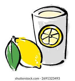 Una Ilustración vectorial de un limón agrio con una pincelada. Un vaso con una rodaja de limón encima y un limón entero encima.