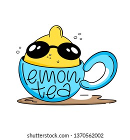 Vector illustration of Lemon Tea. Lemon in glasses bathes in a mug. Cartoon style, lettering