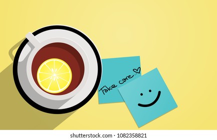 Vector illustration of lemon tea in a white cup top view background and take care text on blue paper.