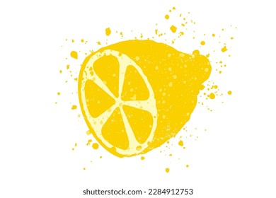 Vector illustration of lemon with text of fresh. Vector juicy lemon in grunge style.