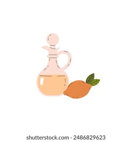 Vector illustration of lemon vinegar in a glass jug with fresh lemon next to it. Icon on a white background, ideal for dishes from any restaurant and cuisine