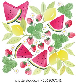 Vector illustration of Lemon and Watermelon are interspersed with vibrant tropical flowers