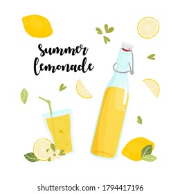 Vector illustration of lemonade bottle, glass with a straw, lemons and text. Summer drink 