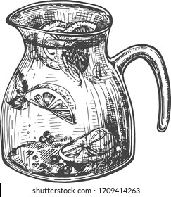 Vector illustration of lemonade glass jug bottle. Cold refreshing summer drink in vintage hand drawn engraving etching style.