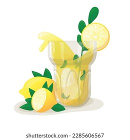 Vector illustration, lemonade in a glass glass with lemon slices and a stick of mint.