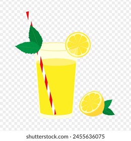 Vector illustration of lemonade glass with lemon slices and straw on transparent background