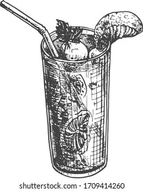 Vector illustration of lemonade glass with a straw. Cold refreshing summer drink in vintage hand drawn engraving etching style.