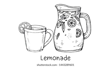 Vector Illustration with Lemonade Jar and Glass Sketch Style