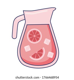 Vector illustration with lemonade in jug with slice of lemon and ice, flat design vector icon. Pink color image. Cold lemon ore orange juice. Line art picture isolated on white background.
