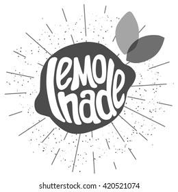 Vector illustration with "Lemonade" lettering in silhouette lemon with leaves. Grainy background with particles and rays. Hand draw typography print.