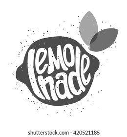 Vector illustration with "Lemonade" lettering in silhouette lemon with leaves. Hand draw typography print.