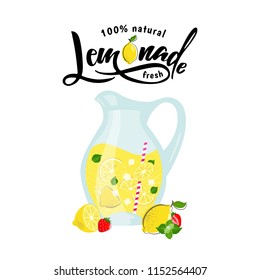 Vector illustration of lemonade in pitcher with lemon slice and strawberry. Lemon juice, made fresh and sweet. Summer fruits fresh drink. Citrus design. Natural lemon syrup, lemonade beverage. 