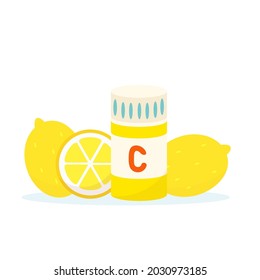 Vector illustration of lemons and a bottle with vitamins isolated on white background.
