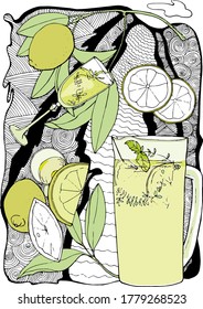 vector illustration lemons and a decanter with lemonade,lemon wedges,pattern,doodle