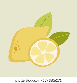 Vector illustration of lemons and half of lemon on a beige background. Hand-drawn fruits in bright colors. Suitable for illustrating healthy eating, recipes, local farm. Card with lemons