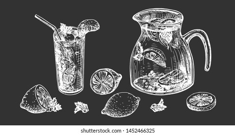 Vector illustration of lemons and lemonade set. Glass and carafe jar. Sparkling water and sliced citrus fruits summer cold fresh craft drink. On black board chalk hand drawing