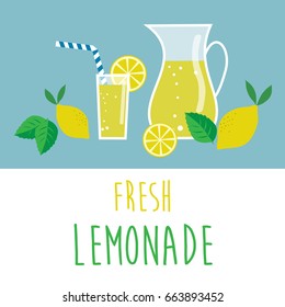 Vector illustration with lemons, mint leaves, lemonade jar and glass.