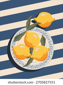 Vector illustration. Lemons on a plate, poster, banner, cover, postcard. Modern design.