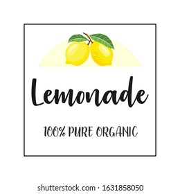 Vector illustration of lemons with text Lemonade. Lemonade icon, badge, tag. Lemonade card, package, banner.  Set of fresh lemons with leaves whole, cut in half, sliced on pieces. 
