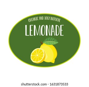 Vector illustration of lemons with text Lemonade. Lemonade icon, badge, tag. Lemonade card, package, banner.  Set of fresh lemons with leaves whole, cut in half, sliced on pieces.