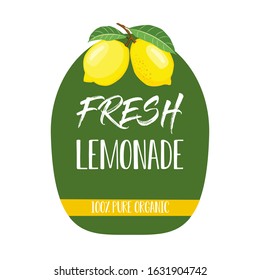 Vector illustration of lemons with text Lemonade. Lemonade icon, badge, tag. Lemonade package, banner on green background.  Vector lemons with leaves. 