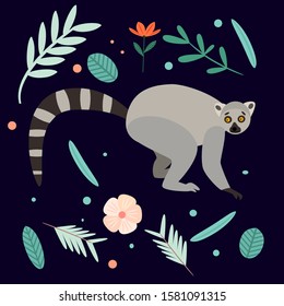 Vector illustration with lemur, cute flowers and leaves. 