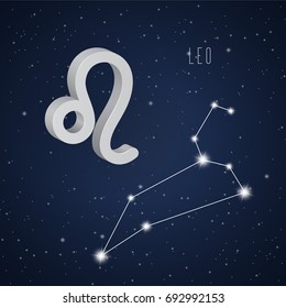 Vector illustration of Leo 3D symbol and constellation on the background of starry sky