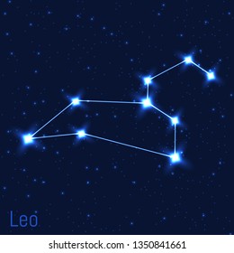 Vector illustration of Leo constellation. Astronomical Lion. Cluster of realistic stars in the dark blue starry sky.