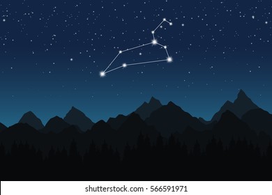 Vector illustration of Leo constellation on the background of starry sky and night mountain