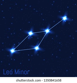 Vector illustration of Leo Minor constellation. Astronomical Little lion. Cluster of realistic stars in the dark blue starry sky.