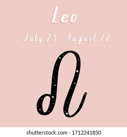 Vector illustration of Leo zodiac sign and date on a pink background.