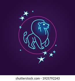 Vector illustration with Leo Zodiac sign. Dark blue space background. Simple stylized image of the Zodiac symbol Leo and stars in a circle. Lion, a shining blue contour.