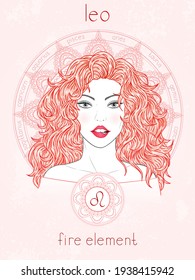 Vector illustration of Leo zodiac sign, portrait beautiful girl and horoscope circle. Fire element. Mysticism, predictions, astrology. 