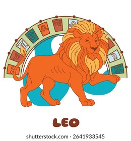Vector illustration of the Leo zodiac sign. Majestic lion with a golden mane stands proudly against a zodiac wheel background. Perfect for astrology, horoscope, or zodiac-themed designs.