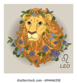 Vector illustration. Leo zodiac sign in flower decoration.