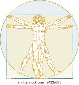 Vector illustration of Leonardo's Vitruvio man in soft colors. Only global colors. CMYK. Easy color changes.
