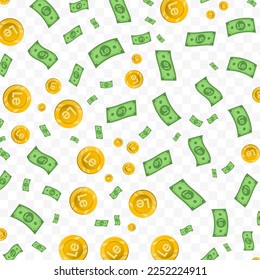 Vector illustration of Leone Sierra Leone currency. Random pattern of banknotes and coins in green and gold colors on transparent background (PNG). 