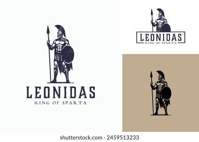 Vector illustration of Leonidas Spartan Warrior Standing Gallantly with Spear and Shield Silhouette for Ancient Military Legion Vintage Rustic Logo Design