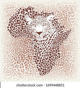 Vector Illustration Leopard Face of African wild big cat with Africa map