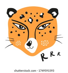 Vector illustration of a leopard head with the inscription growl. Big wild cat. Leopard spots, predatory gaze, wild animal.