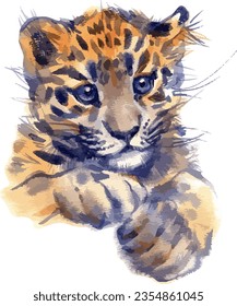 Vector illustration of leopard kitty portrait with watercolor spots.