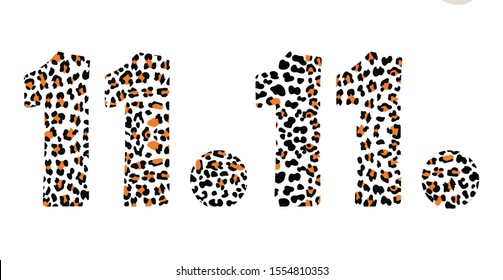 Vector illustration with leopard numbers 11.11 for World Shopping Day on white background. date 11.11 for global big Sale with leopard print. Design for Novembers Chinese shopping. Singles day sale