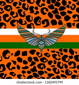 Vector illustration leopard print seamless pattern with moth in doodle style.