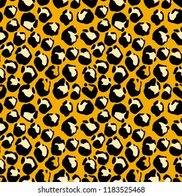 Vector illustration leopard print seamless pattern. Orange hand drawn background.