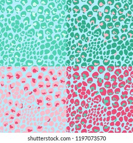 Vector illustration leopard print seamless pattern. Pink and mint hand drawn background.