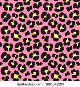 Vector illustration Leopard print seamless background pattern. Black, pink, yellow